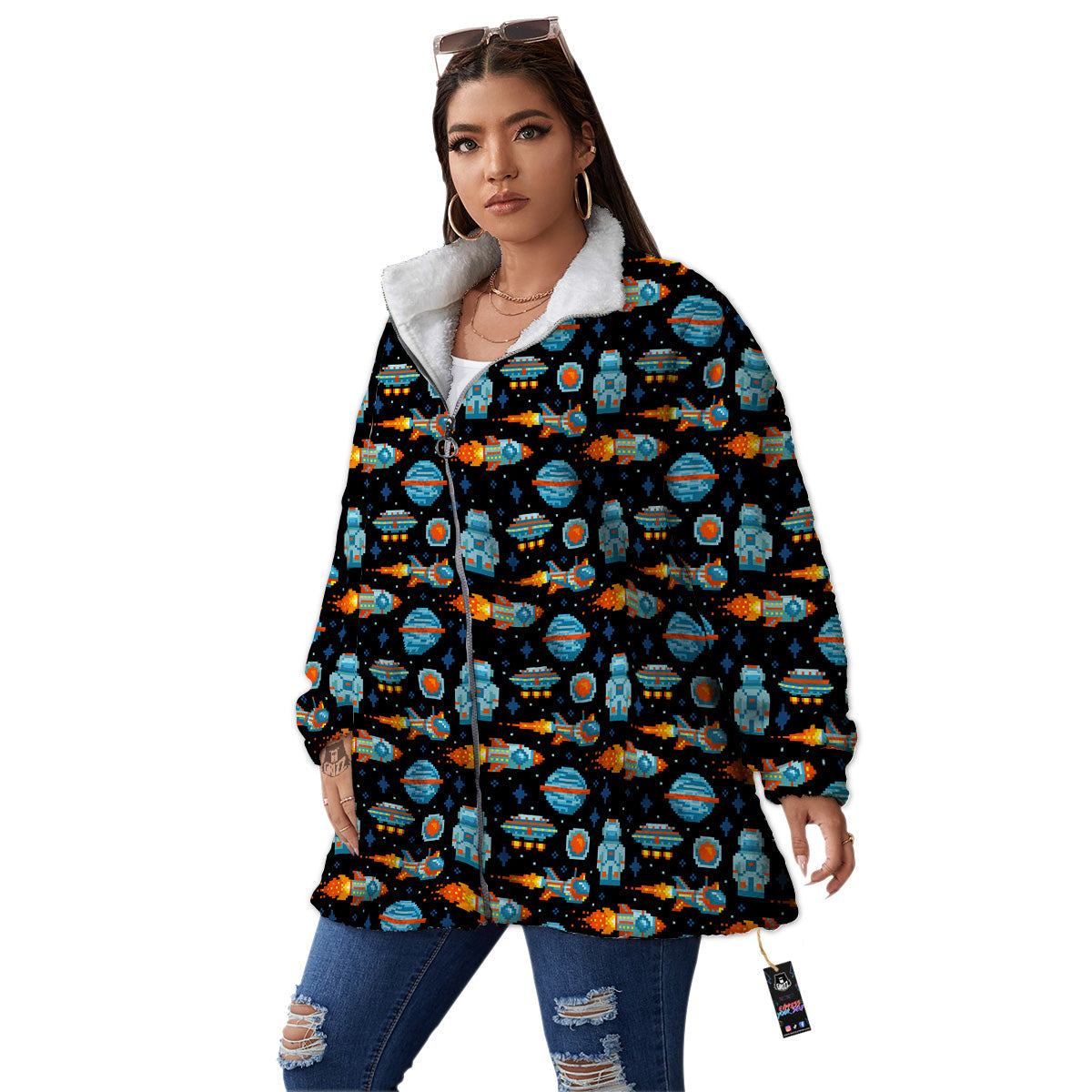 Pixel Art Space 8 Bit Print Pattern Women's Sherpa Jacket-grizzshop