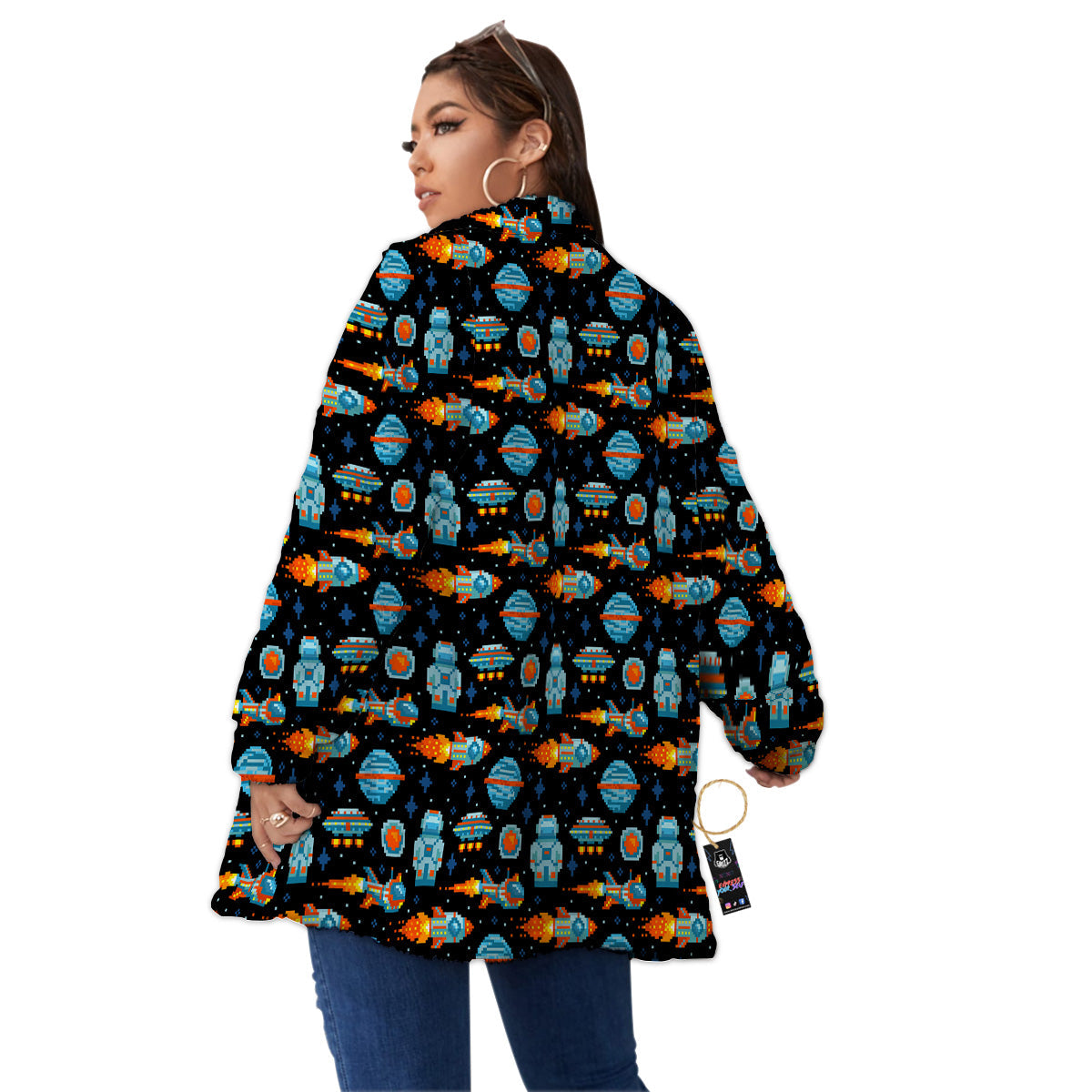 Pixel Art Space 8 Bit Print Pattern Women's Sherpa Jacket-grizzshop