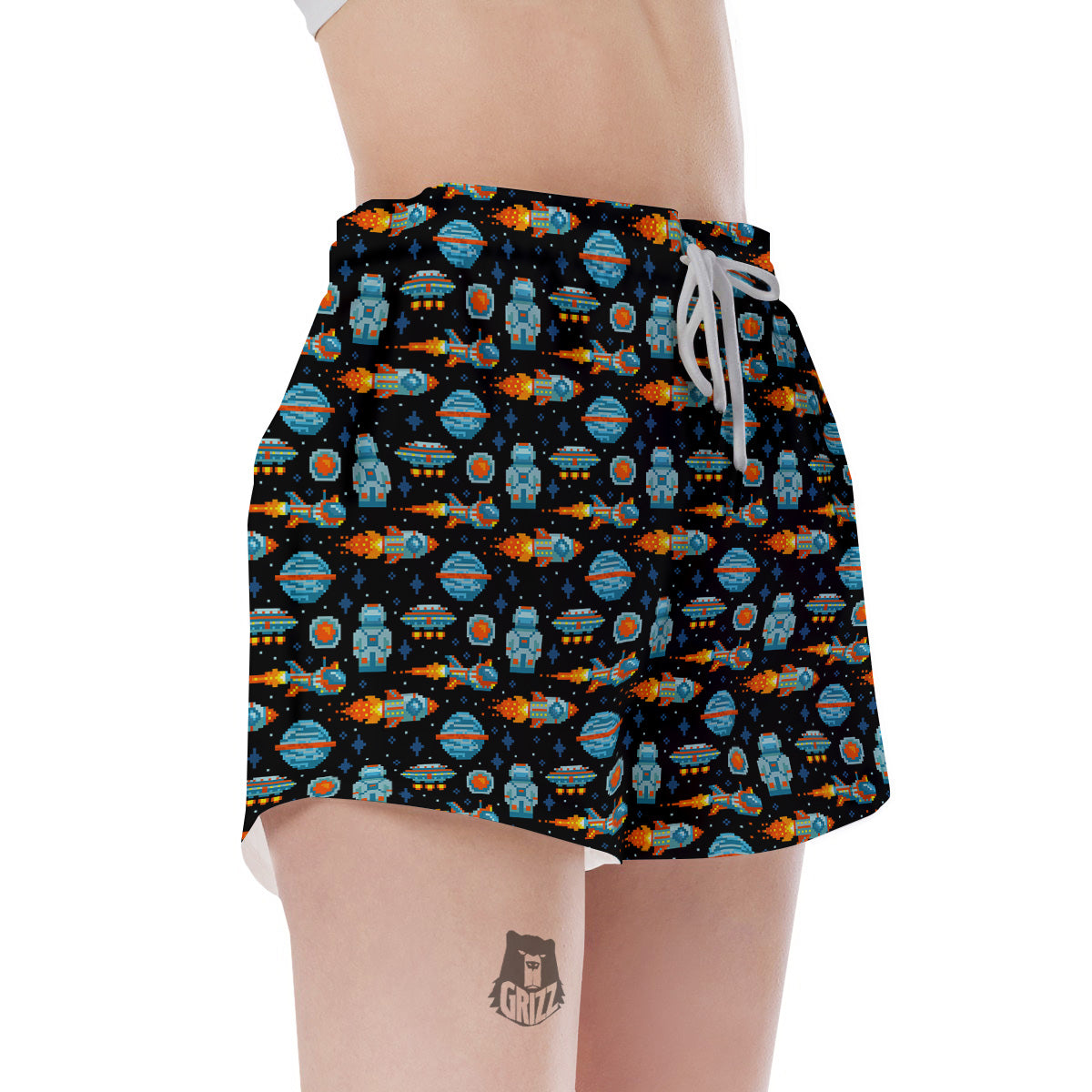 Pixel Art Space 8 Bit Print Pattern Women's Shorts-grizzshop