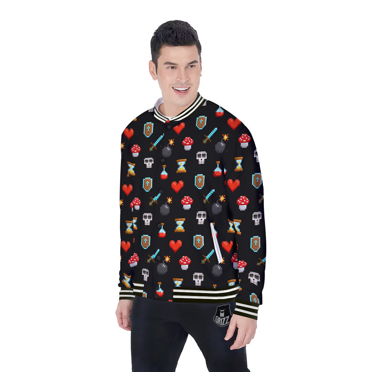 Pixel Graphics Game Icons Print Pattern Baseball Jacket-grizzshop