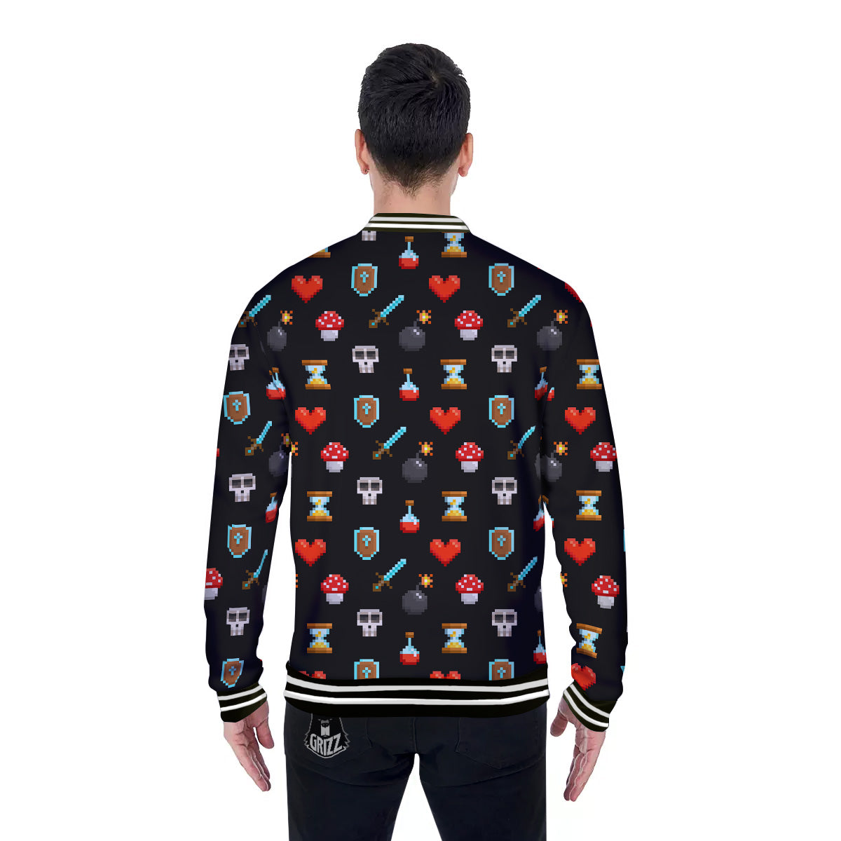 Pixel Graphics Game Icons Print Pattern Baseball Jacket-grizzshop