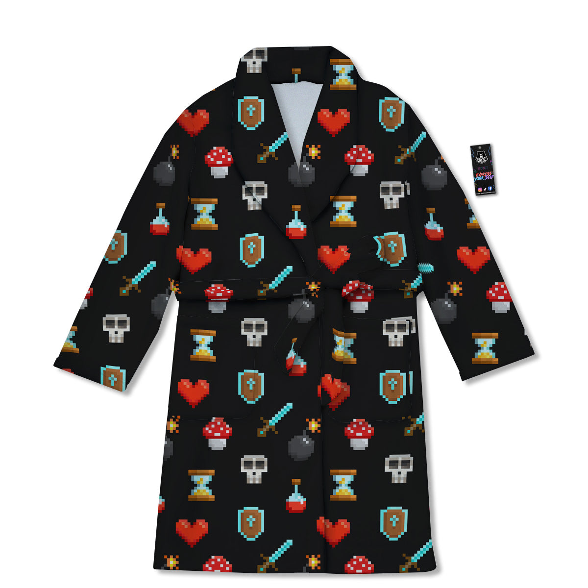 Pixel Graphics Game Icons Print Pattern Bathrobe-grizzshop