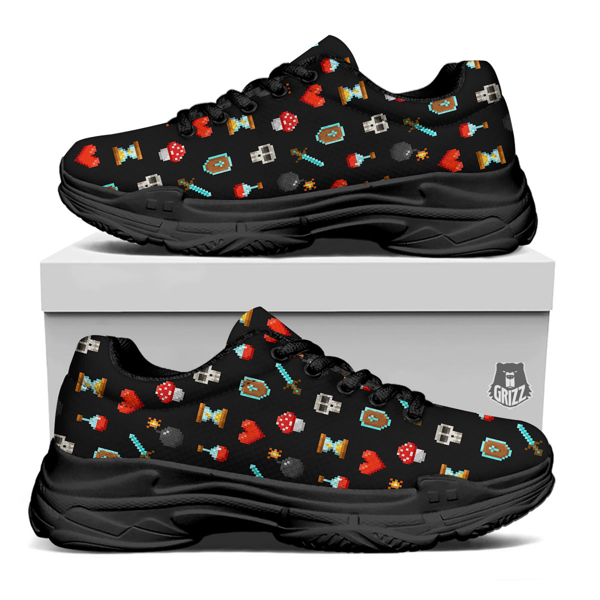 Pixel Graphics Game Icons Print Pattern Black Chunky Shoes-grizzshop