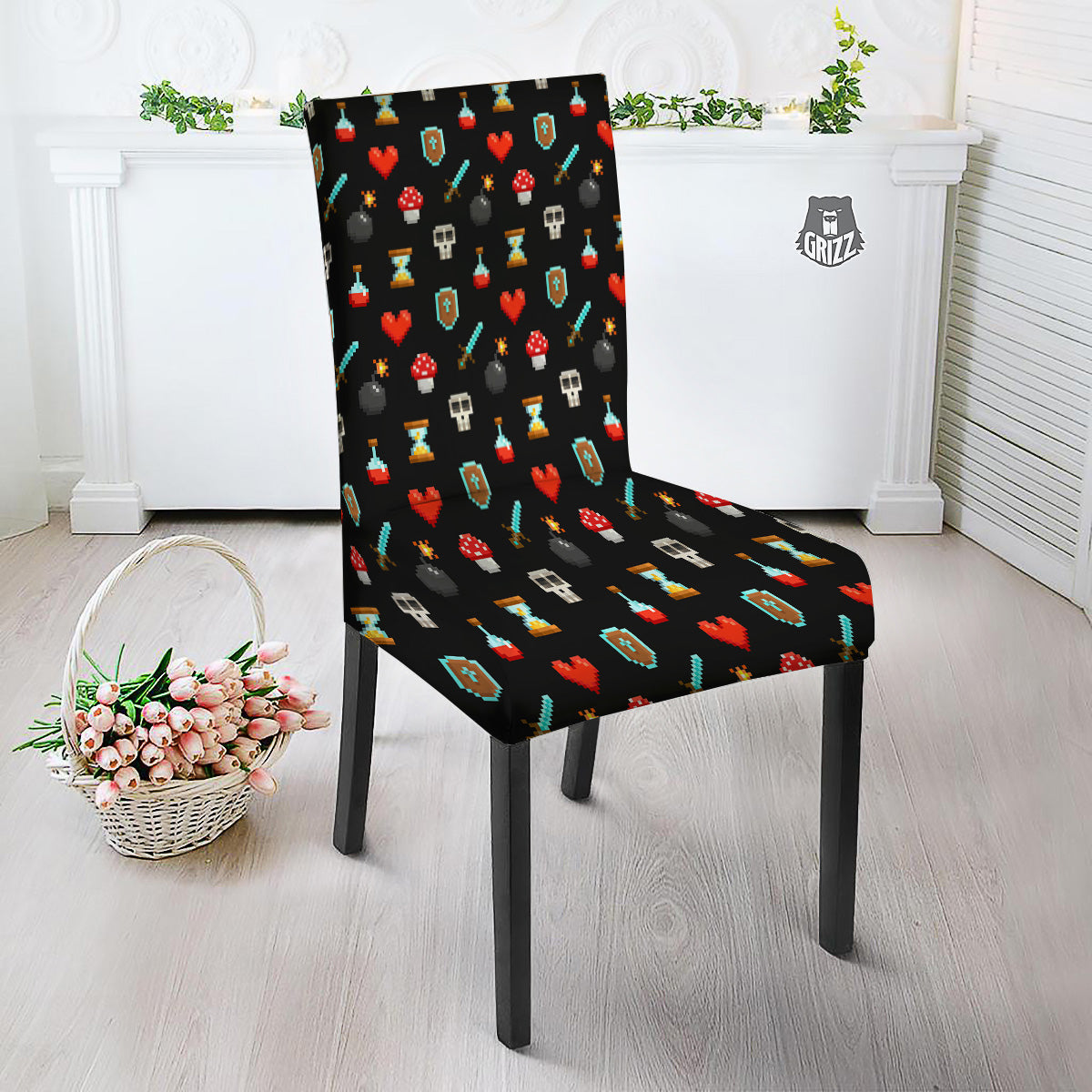 Pixel Graphics Game Icons Print Pattern Dining Chair Slipcover-grizzshop