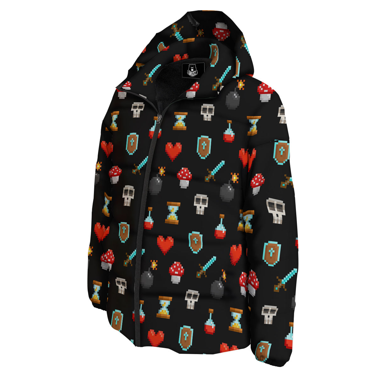 Pixel Graphics Game Icons Print Pattern Down Jacket-grizzshop