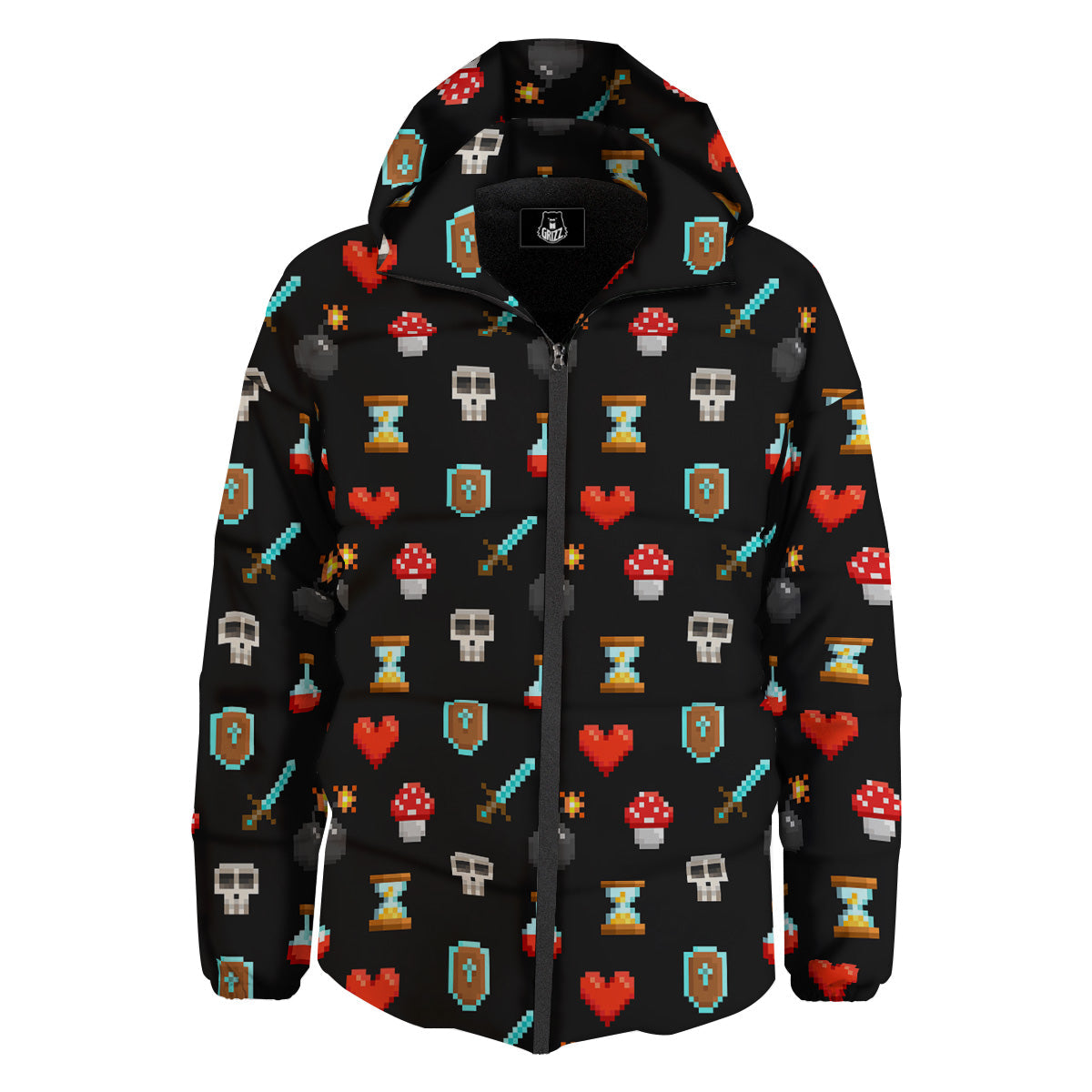 Pixel Graphics Game Icons Print Pattern Down Jacket-grizzshop