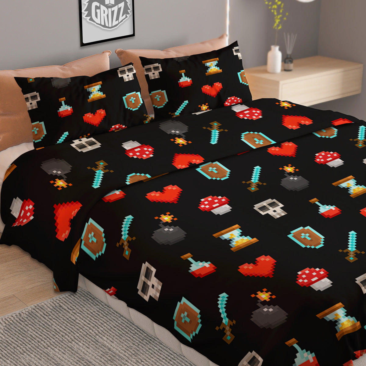 Pixel Graphics Game Icons Print Pattern Duvet Cover Bedding Set