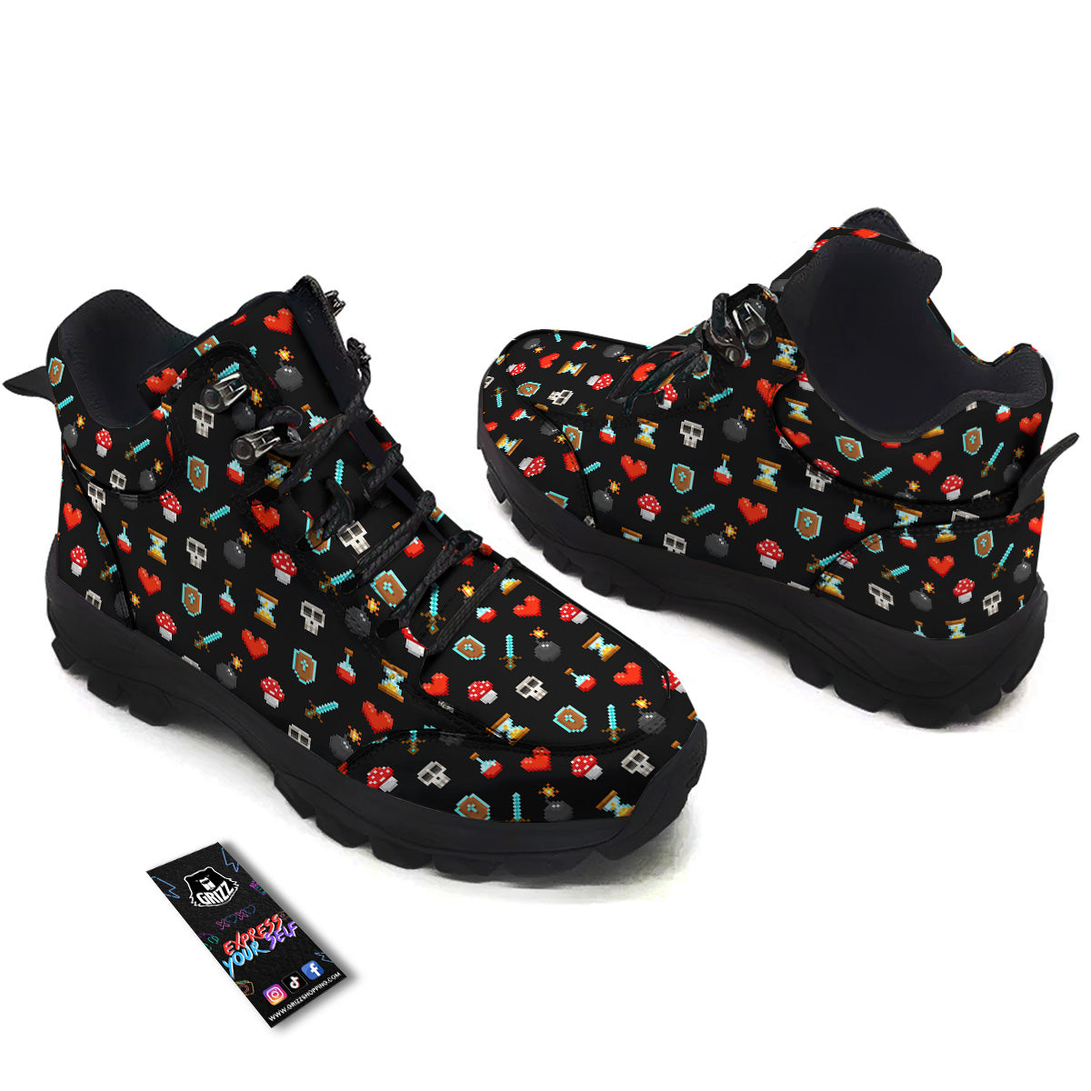 Pixel Graphics Game Icons Print Pattern Hiking Shoes-grizzshop