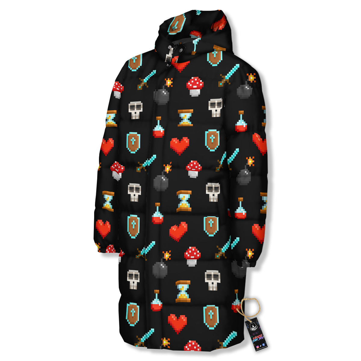 Pixel Graphics Game Icons Print Pattern Long Down Jacket-grizzshop