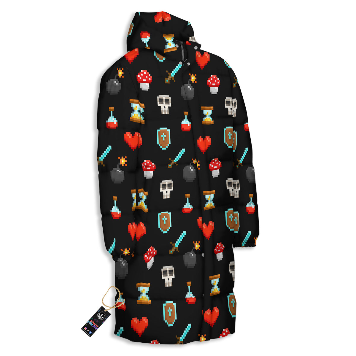 Pixel Graphics Game Icons Print Pattern Long Down Jacket-grizzshop