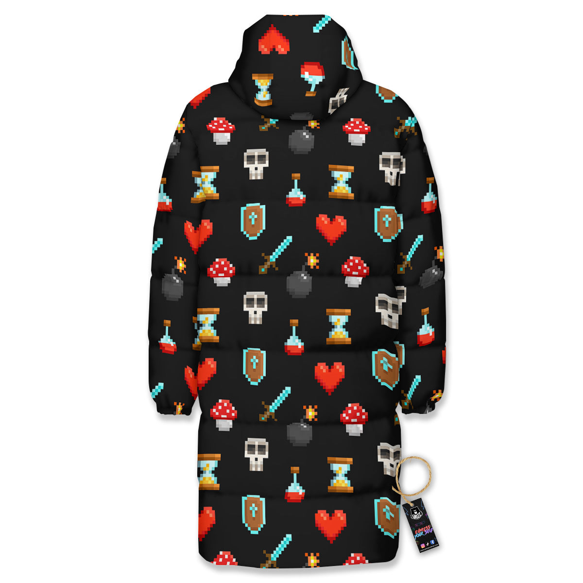 Pixel Graphics Game Icons Print Pattern Long Down Jacket-grizzshop