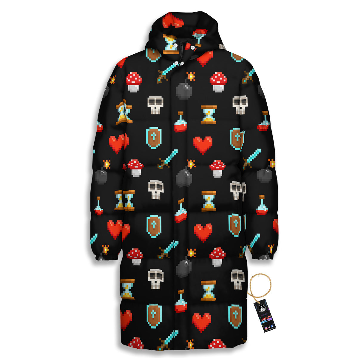 Pixel Graphics Game Icons Print Pattern Long Down Jacket-grizzshop