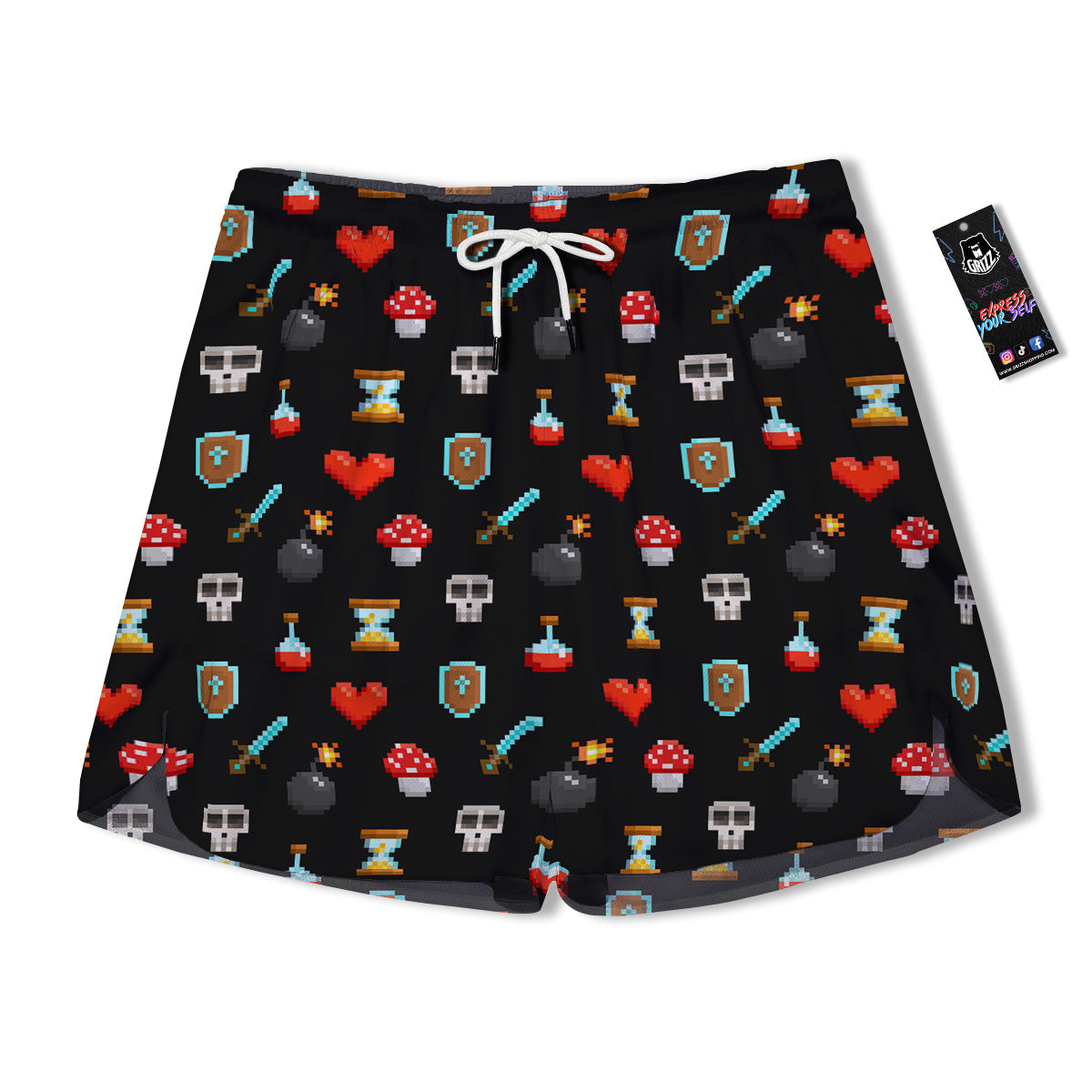 Pixel Graphics Game Icons Print Pattern Men's Running Shorts-grizzshop