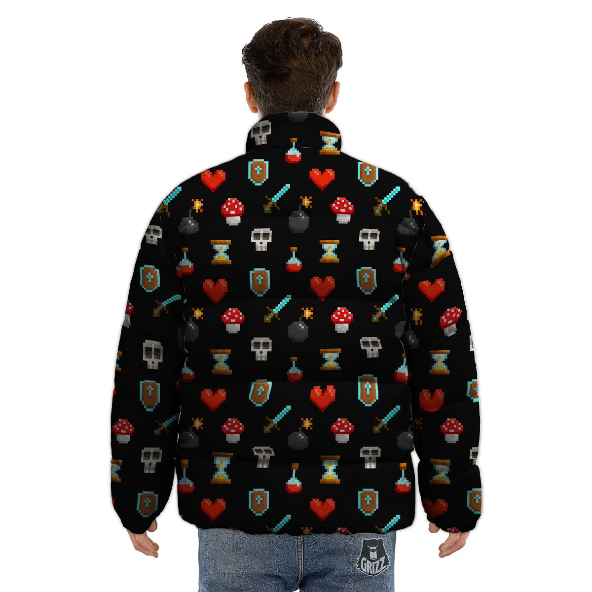 Pixel Graphics Game Icons Print Pattern Puffer Jacket-grizzshop