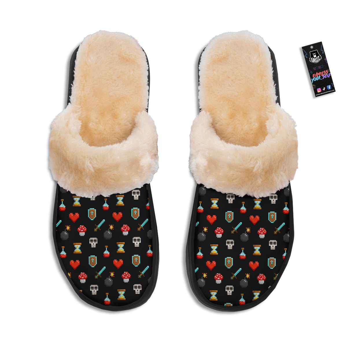 Pixel Graphics Game Icons Print Pattern Slippers-grizzshop