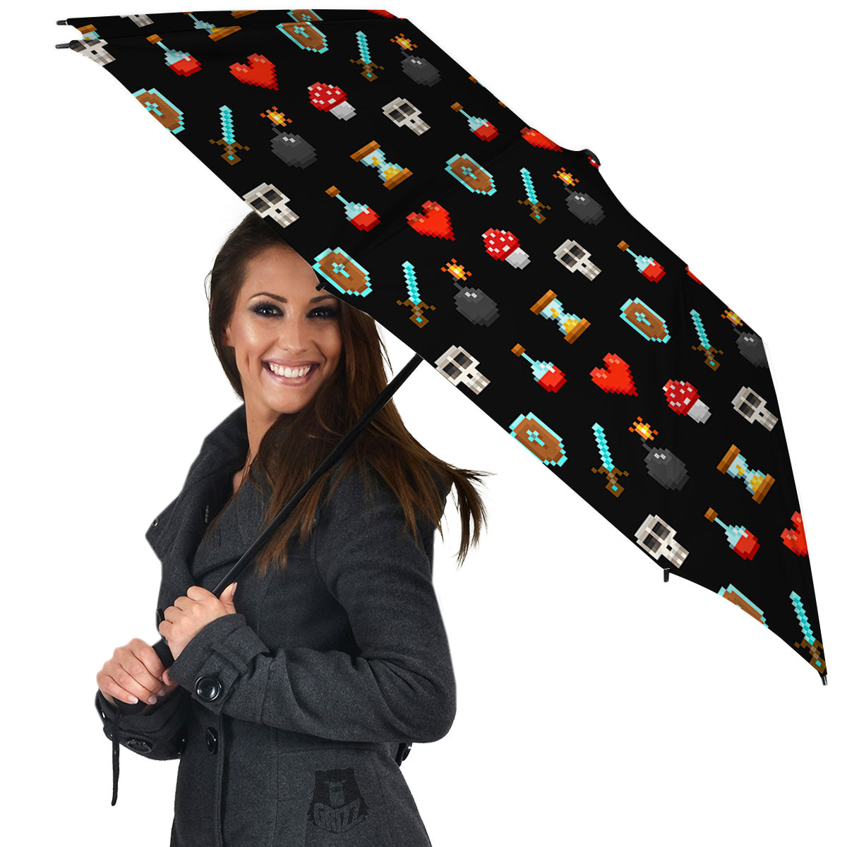Pixel Graphics Game Icons Print Pattern Umbrella-grizzshop