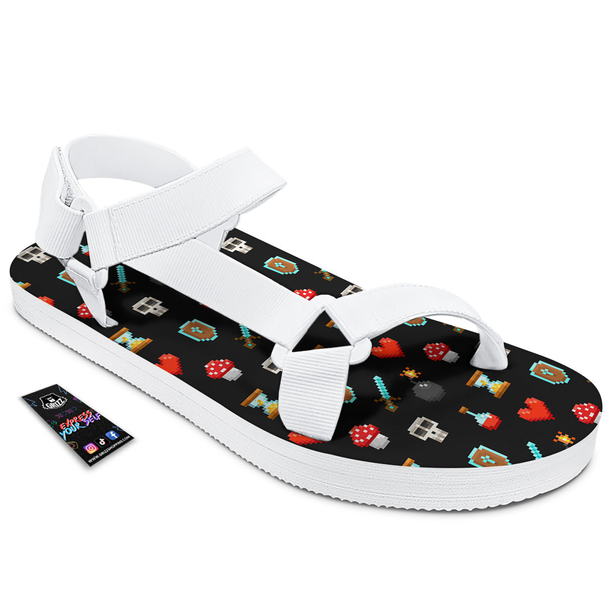 Pixel Graphics Game Icons Print Pattern White Open Toe Sandals-grizzshop