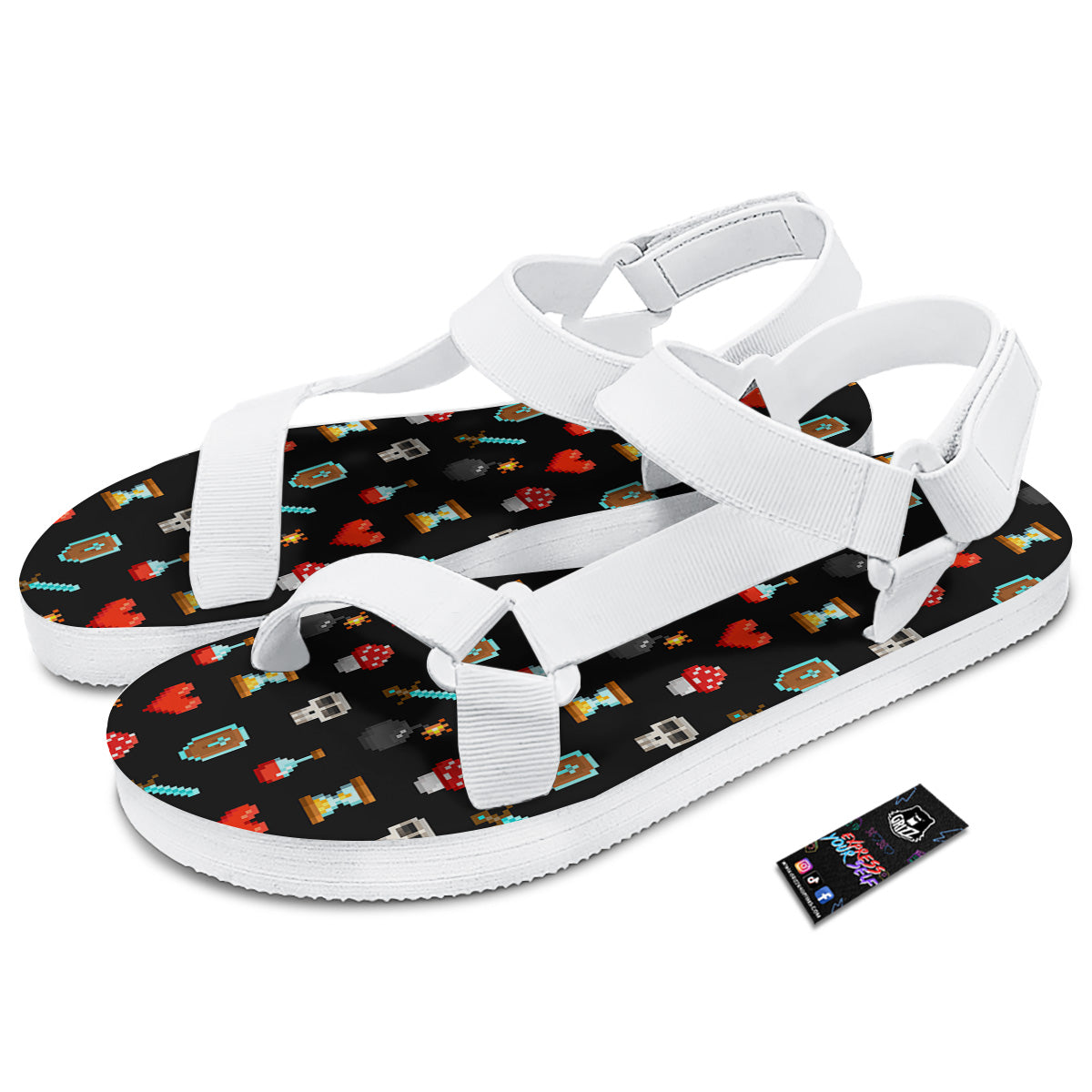 Pixel Graphics Game Icons Print Pattern White Open Toe Sandals-grizzshop