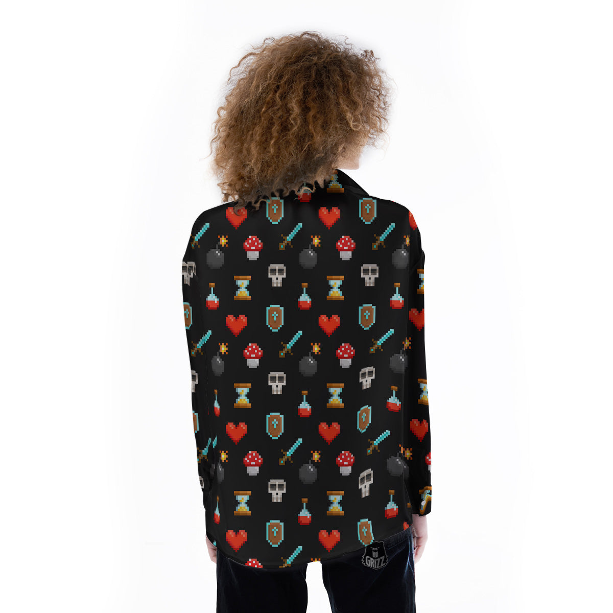 Pixel Graphics Game Icons Print Pattern Women's Long Sleeve Shirts-grizzshop