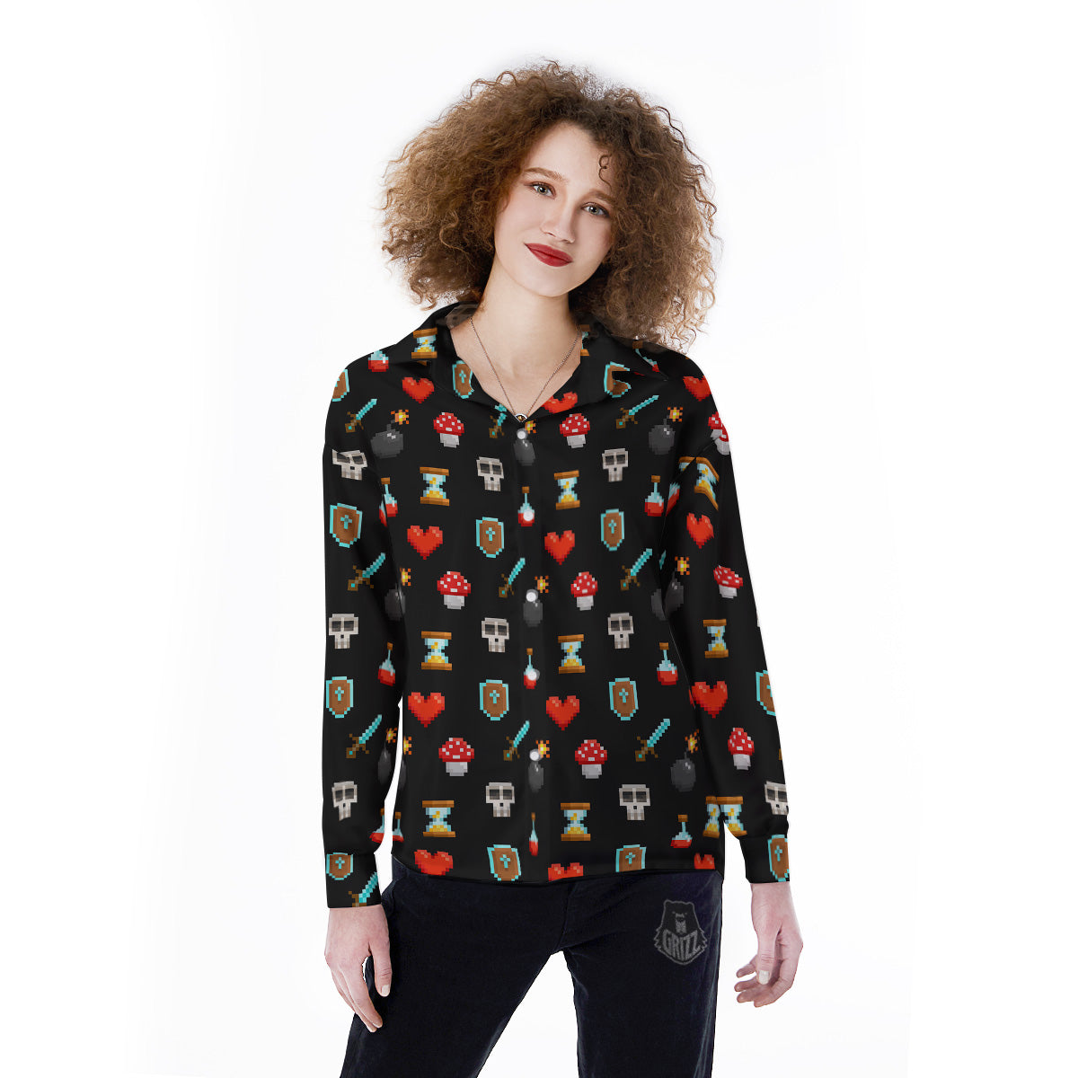 Pixel Graphics Game Icons Print Pattern Women's Long Sleeve Shirts-grizzshop