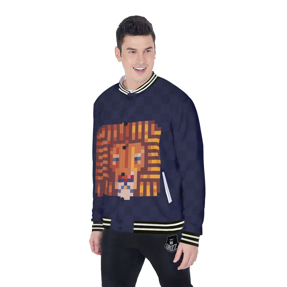 Pixel Leo Print Baseball Jacket-grizzshop