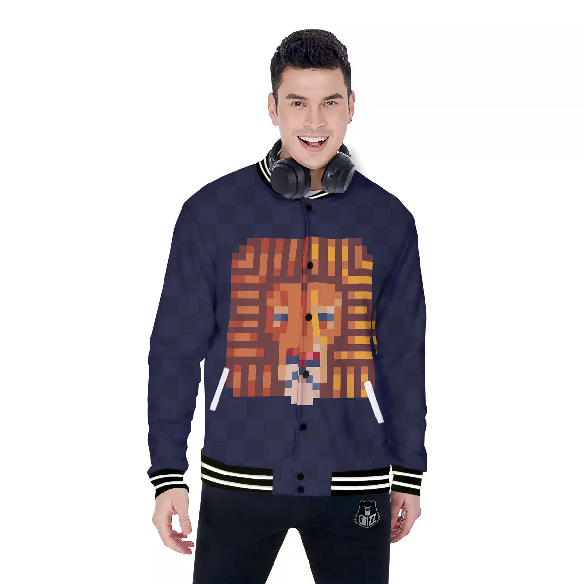 Pixel Leo Print Baseball Jacket-grizzshop