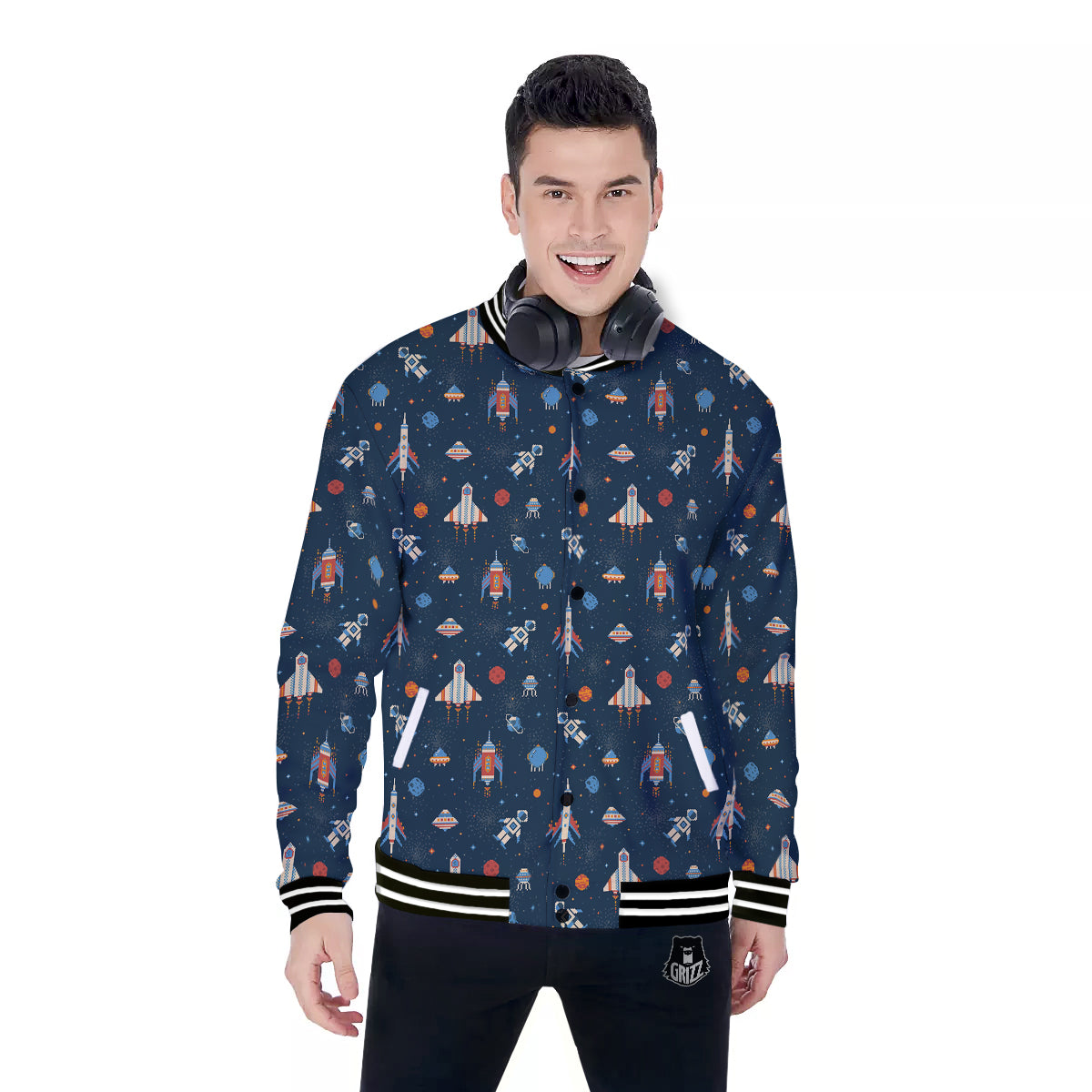 Pixel Space And Astronaut Print Pattern Baseball Jacket-grizzshop