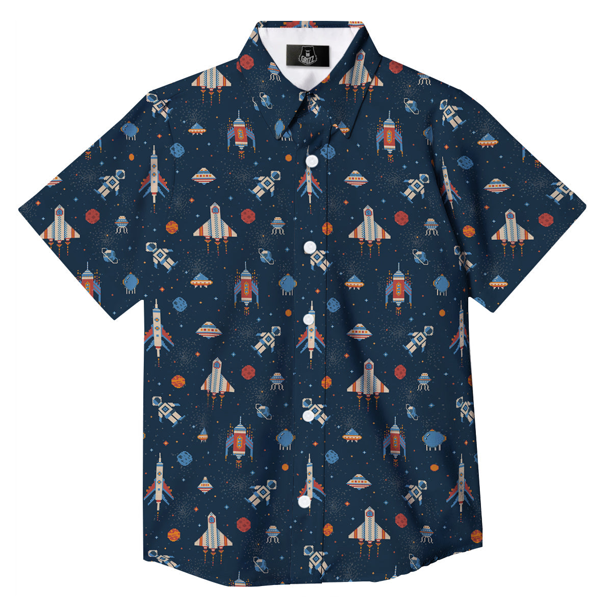 Pixel Space And Astronaut Print Pattern Button Up Shirt-grizzshop