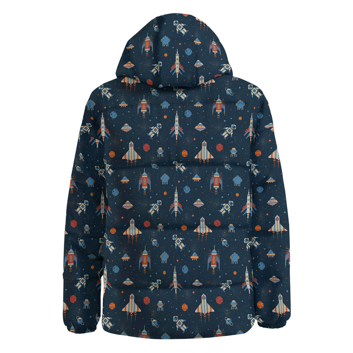 Pixel Space And Astronaut Print Pattern Down Jacket-grizzshop