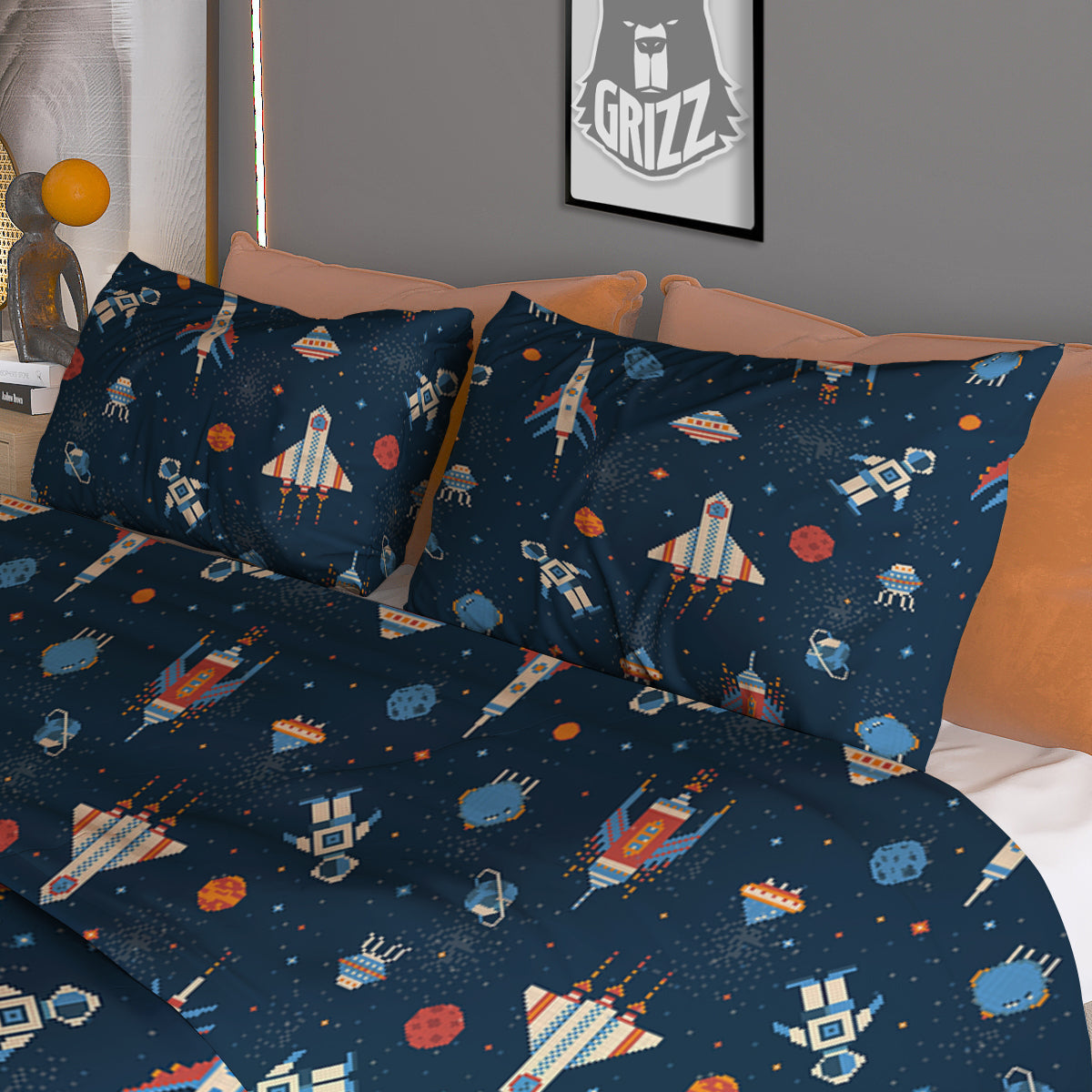 Pixel Space And Astronaut Print Pattern Duvet Cover Bedding Set