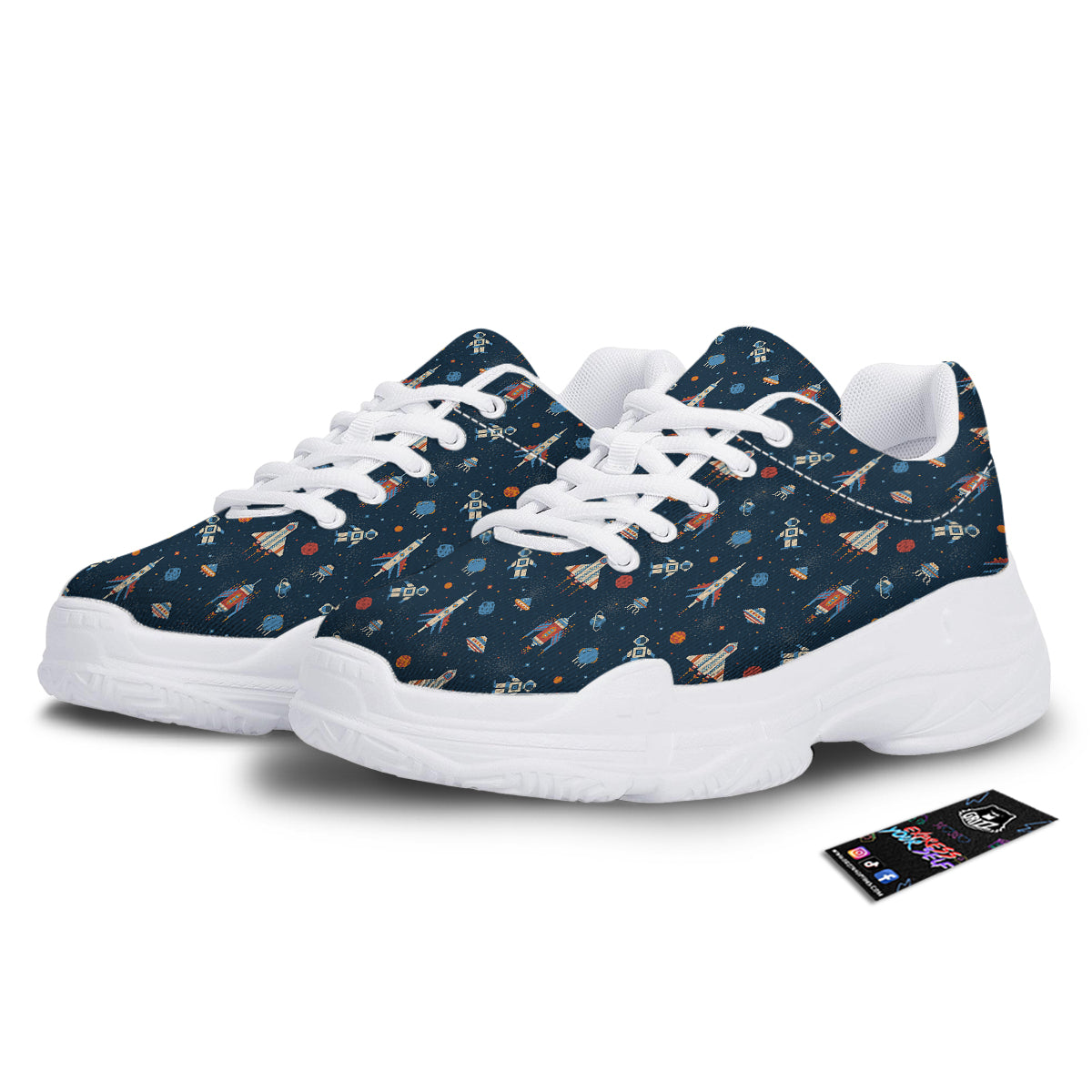 Pixel Space And Astronaut Print Pattern White Chunky Shoes-grizzshop