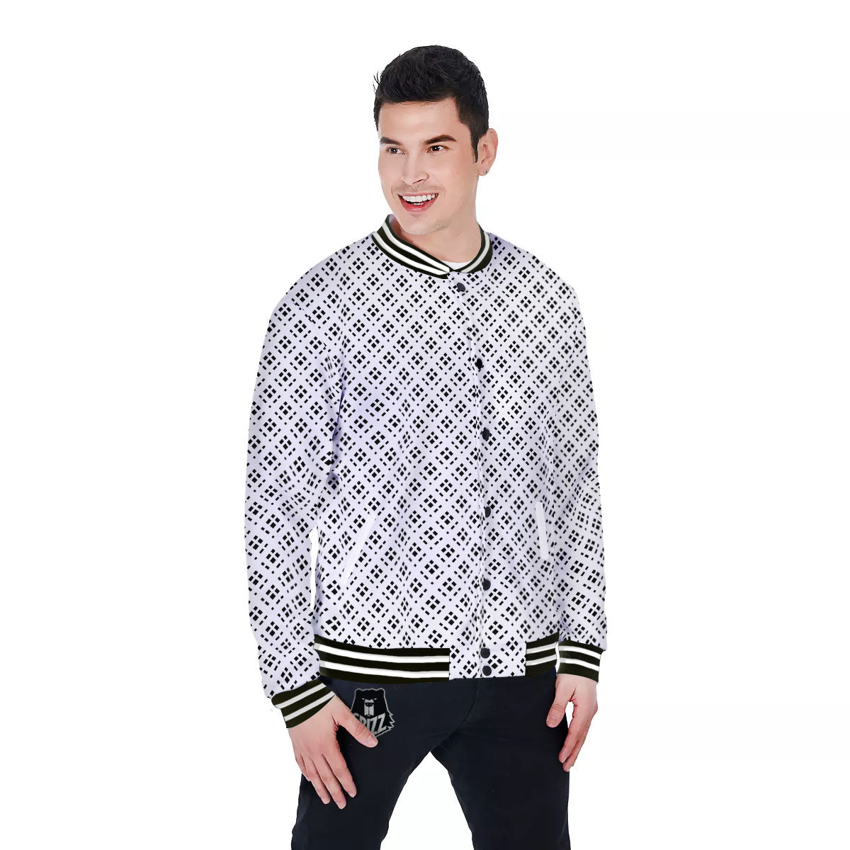 Pixel White And Black Print Pattern Baseball Jacket-grizzshop