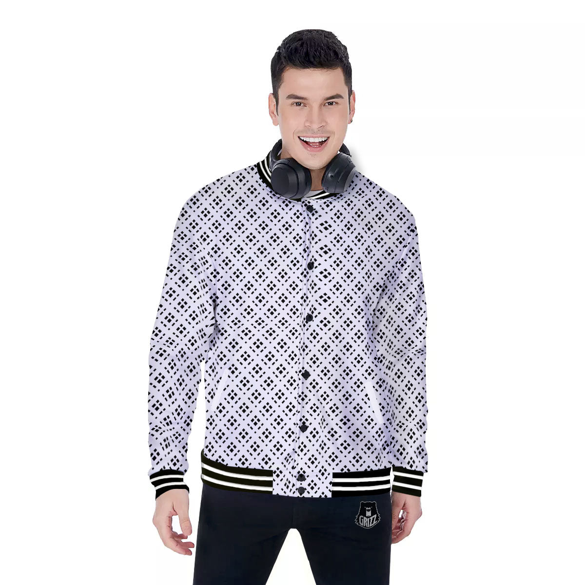 Pixel White And Black Print Pattern Baseball Jacket-grizzshop