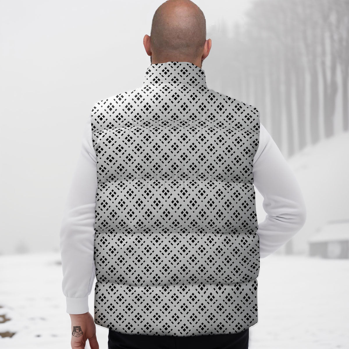 Pixel White And Black Print Pattern Down Vest-grizzshop