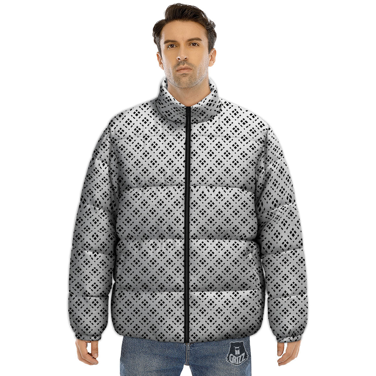Pixel White And Black Print Pattern Puffer Jacket-grizzshop