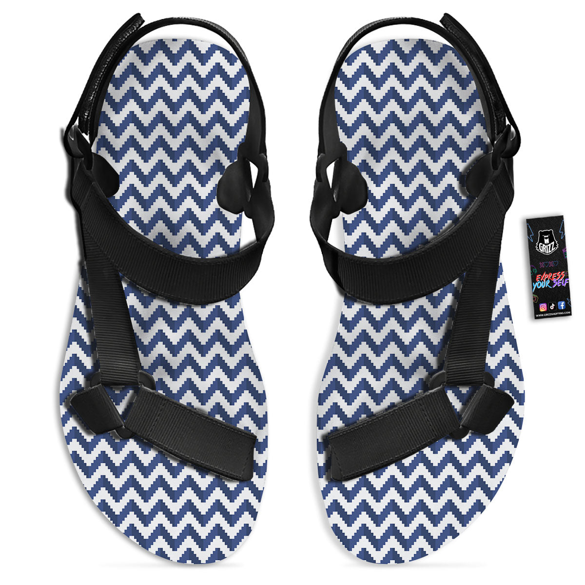 Pixel Zigzag Print Pattern Black Open Toe Sandals-grizzshop