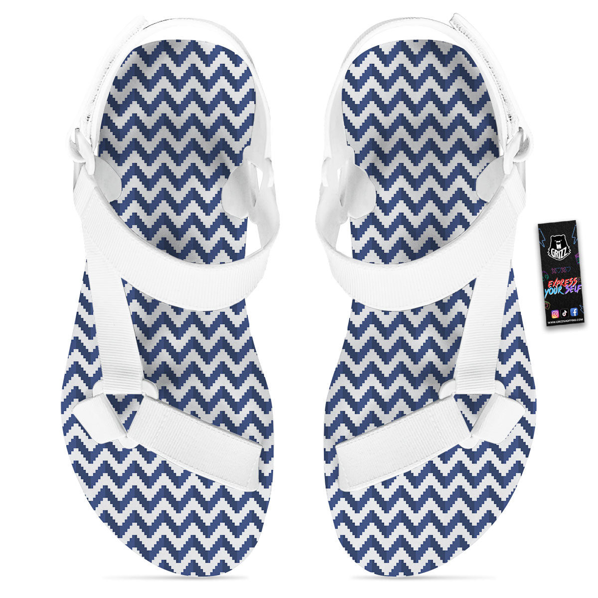 Pixel Zigzag Print Pattern White Open Toe Sandals-grizzshop