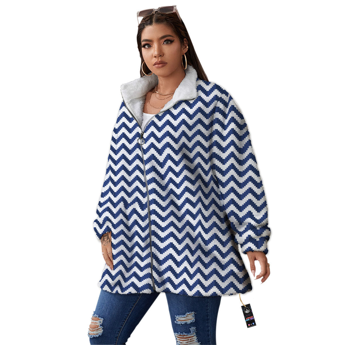 Pixel Zigzag Print Pattern Women's Sherpa Jacket-grizzshop