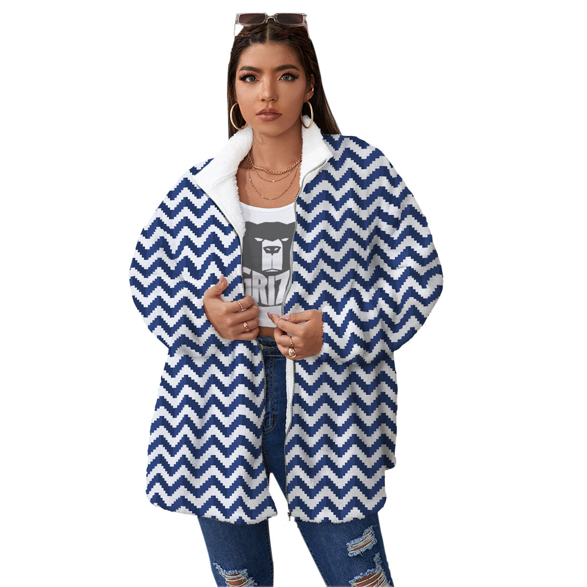 Pixel Zigzag Print Pattern Women's Sherpa Jacket-grizzshop