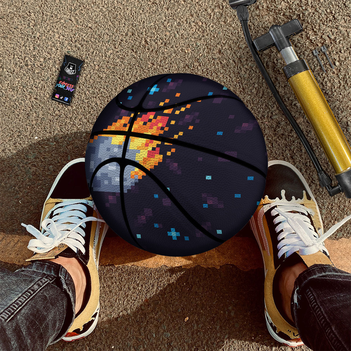 Pixel 8 Bit  Meteorite Burnning Print Basketball