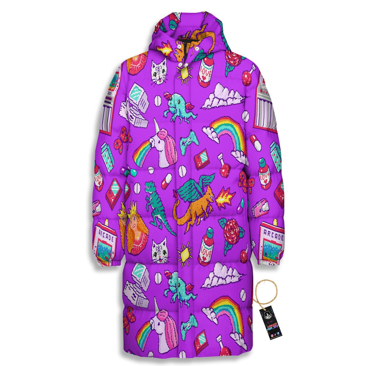 Pixel Art 8 Bit Pink Print Pattern Long Down Jacket
