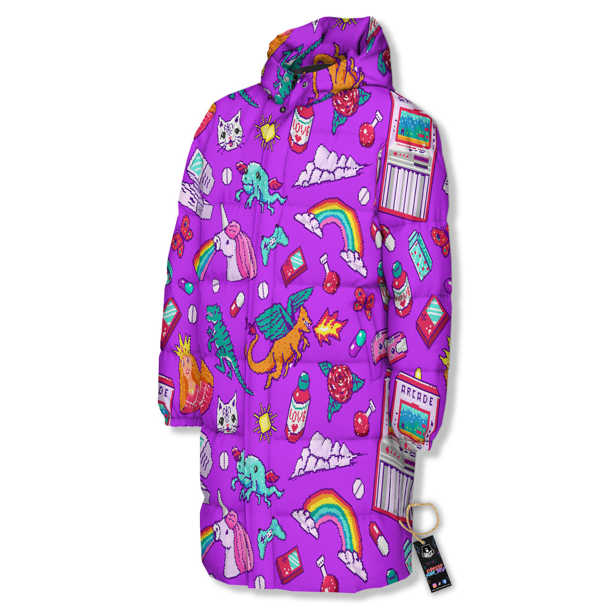 Pixel Art 8 Bit Pink Print Pattern Long Down Jacket