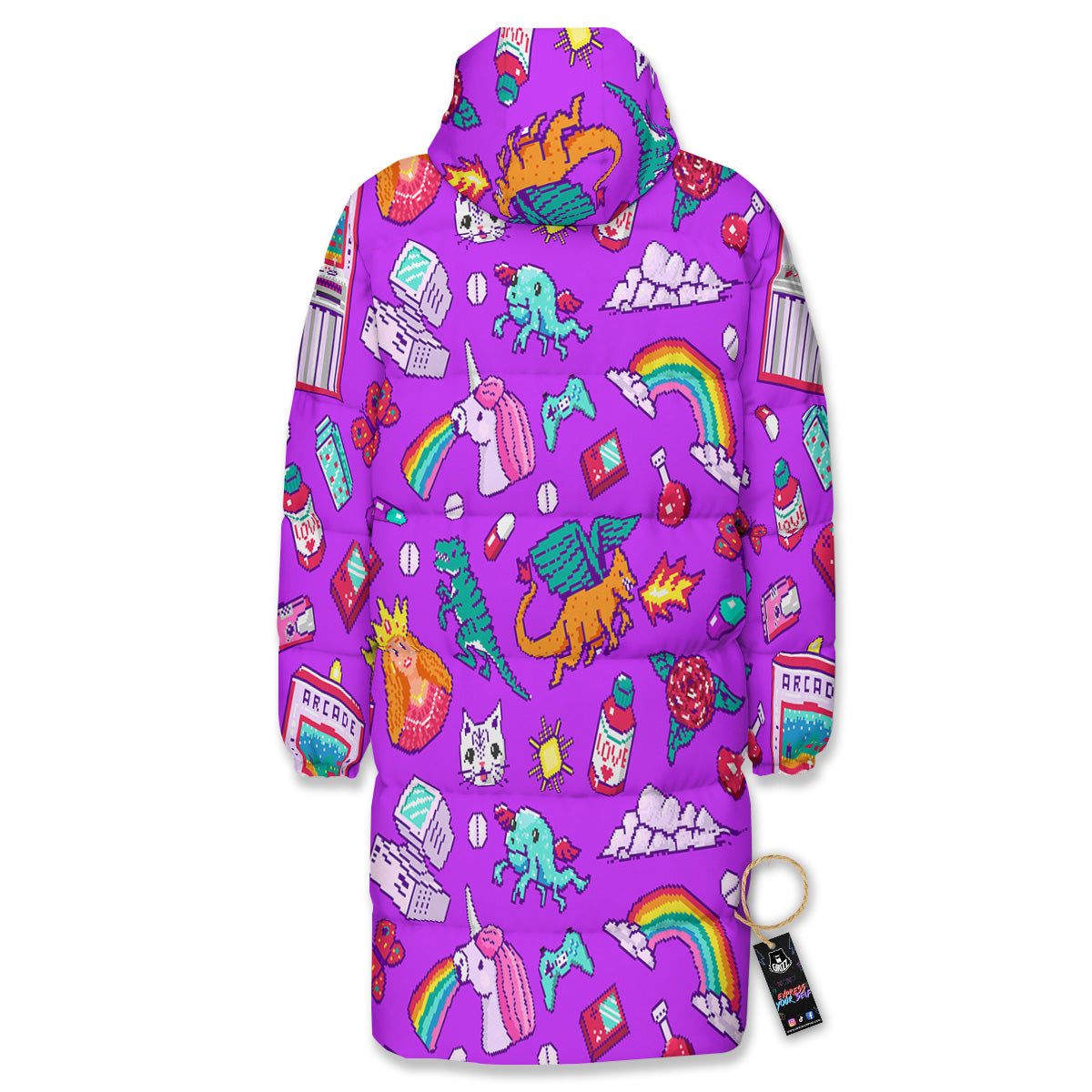 Pixel Art 8 Bit Pink Print Pattern Long Down Jacket