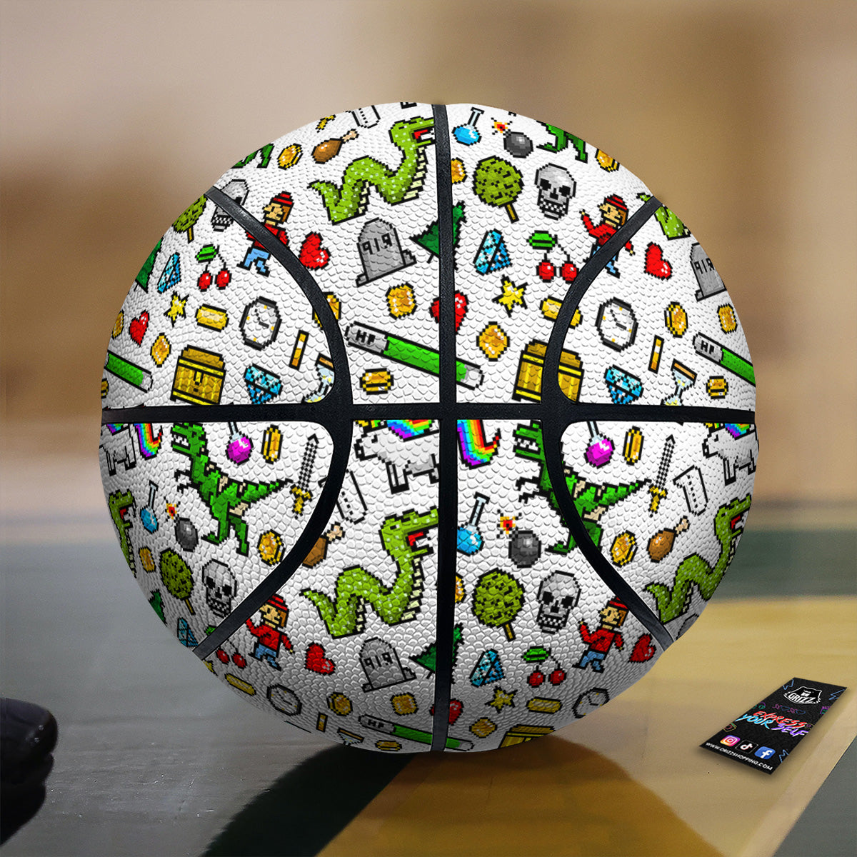 Pixel Art 8 Bit Retro Cartoon Print Pattern Basketball