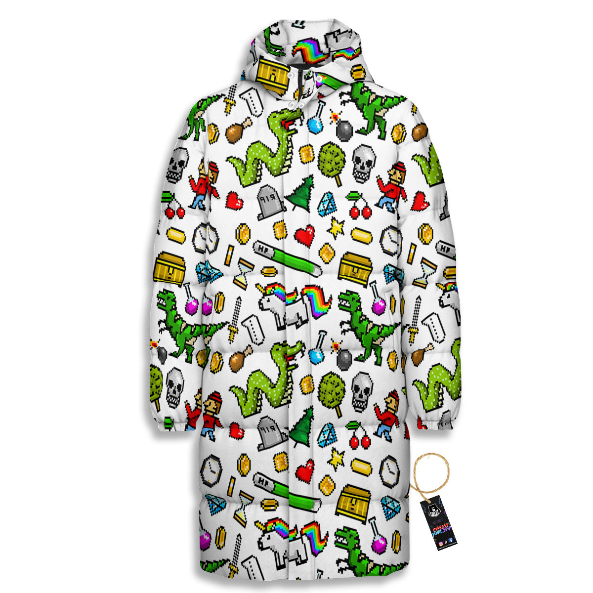 Pixel Art 8 Bit Retro Cartoon Print Pattern Long Down Jacket