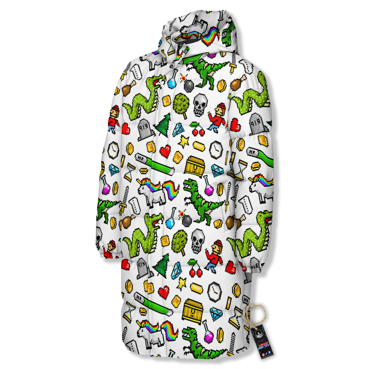 Pixel Art 8 Bit Retro Cartoon Print Pattern Long Down Jacket