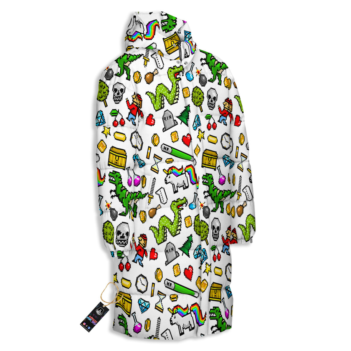Pixel Art 8 Bit Retro Cartoon Print Pattern Long Down Jacket