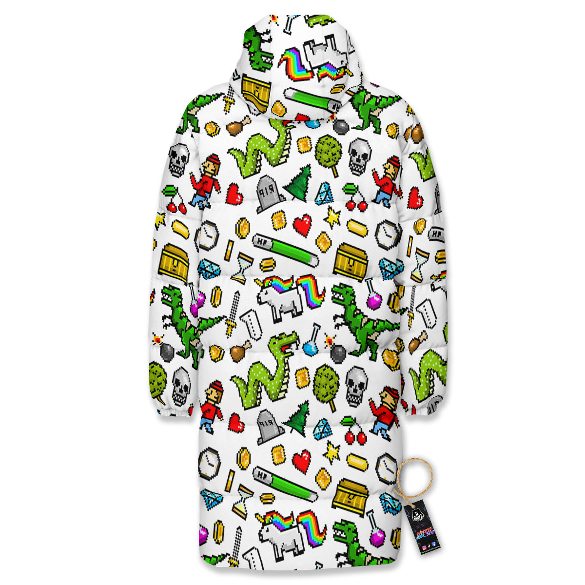 Pixel Art 8 Bit Retro Cartoon Print Pattern Long Down Jacket
