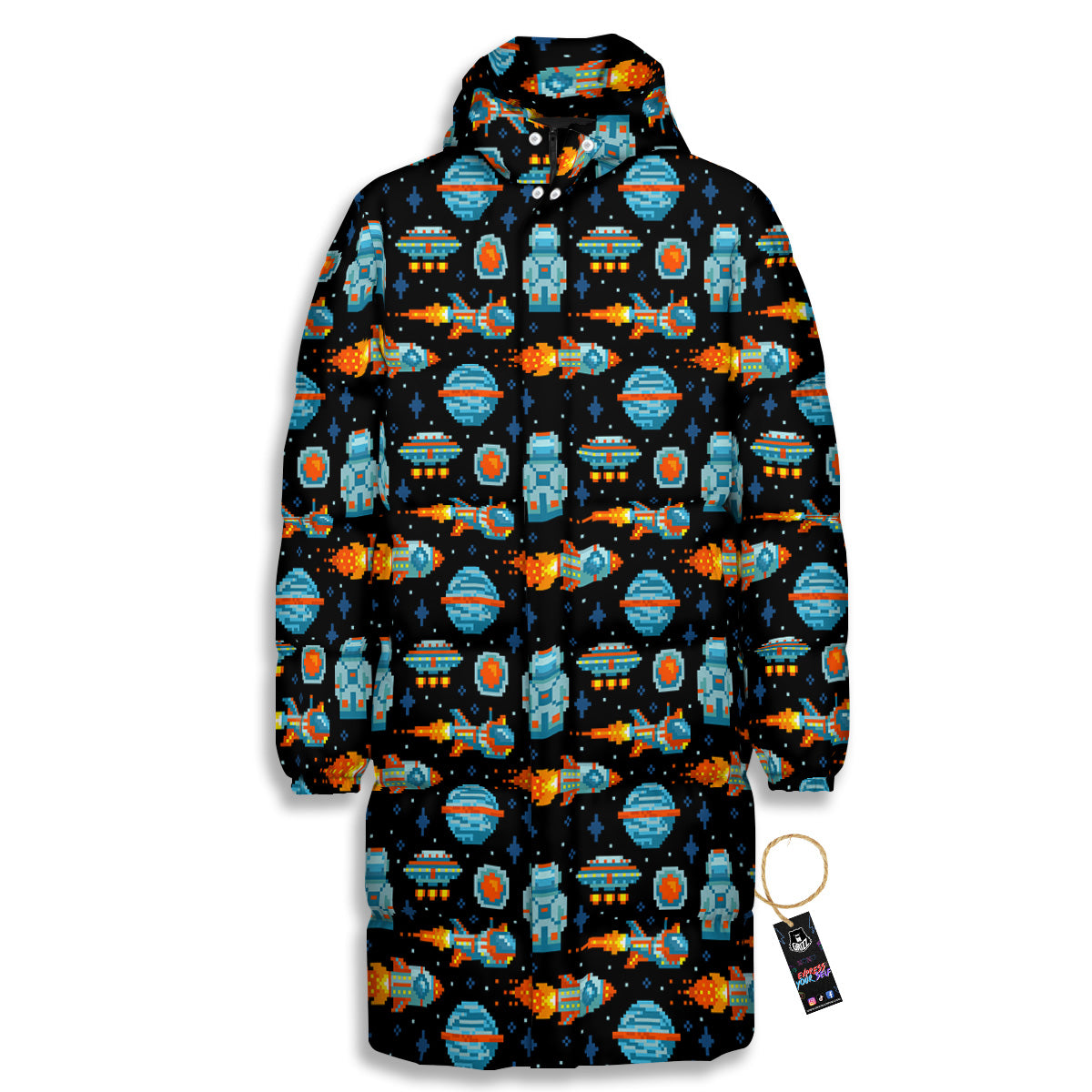 Pixel Art Space 8 Bit Print Pattern Long Down Jacket