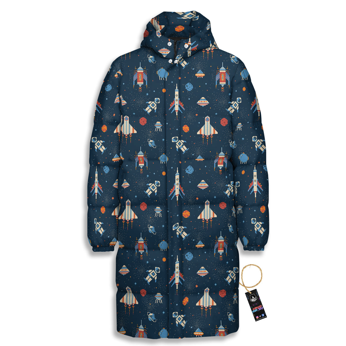 Pixel Space And Astronaut Print Pattern Long Down Jacket
